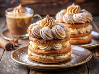 Poster - stack of three layered cakes with white frosting and sprinkles on top, sitting on wooden table next to cup of coffee.