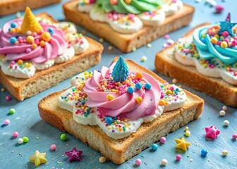 Poster - Toasted bread topped with whipped cream, sprinkles, and candy decorations.