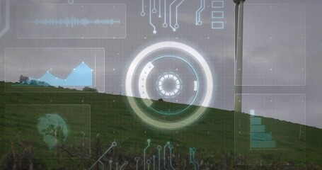 Poster - Circular HUD being displayed on hillside with wind turbine rising under waveform and chart overlays
