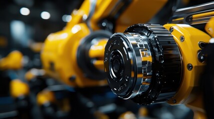 Poster - Robotic arms with vibrant yellow and metallic components work efficiently in a busy manufacturing plant, showcasing advanced automation technology in a production environment