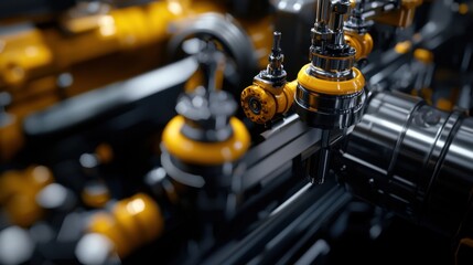 Poster - Close-up view focuses on complex machinery parts with shiny metal and bright orange elements. The arrangement highlights precision engineering, showcasing the inner workings of heavy equipment