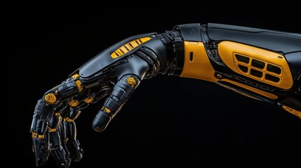 Poster - A sleek robotic arm is displayed in a dark setting, emphasizing its intricate design and technological innovations. The arm features a blend of black and yellow elements