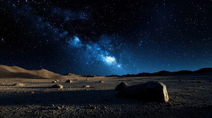 Wall Mural - A breathtaking desert scene at night features a clear starry sky filled with countless stars and the Milky Way galaxy. Large rocks are scattered across the sandy terrain, creating a serene atmosphere