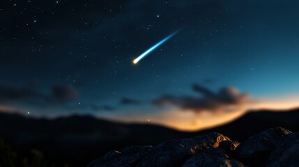 Wall Mural - A stunning comet lights up the night sky, creating a vivid contrast against dark rocks below. The twilight glow sets a tranquil atmosphere in the mountainous background
