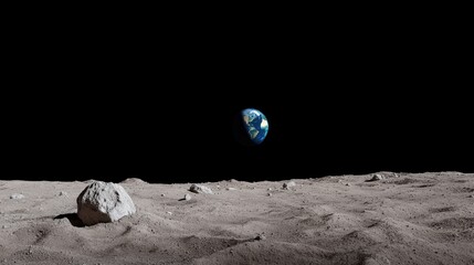 Wall Mural - the surface of the moon showcases a rocky landscape under a dark sky. earth is visible in the distan