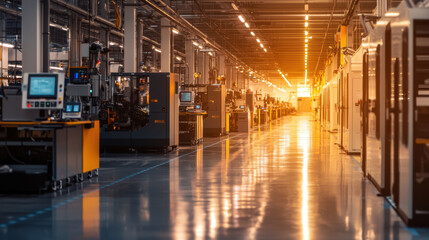 Poster - In a contemporary industrial facility, machinery and equipment are neatly arranged along the aisles as warm golden light streams in from large windows
