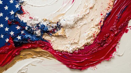 Poster - Swirls of red, white, and blue paint create a dynamic abstract representation of the American flag against a soft cream backdrop, showcasing bold textures and colors