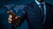 © lime - Businessman Touching Digital Screen Displaying World Map for International Business Market Concept, Set Against Deep Blue Background.Generative AI
