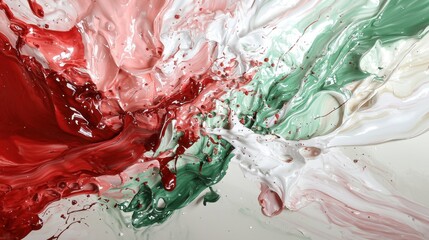 Poster - Vivid swirls of red, green, and white paint blend together, creating a striking abstract artwork in a creative environment. The fluid motion captures the essence of movement and color