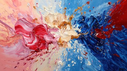 Poster - Vivid abstract artwork showcases an explosion of colors with swirling patterns in red, pink, blue, and white, creating a sense of movement and energy