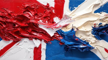 Poster - Vivid abstract artwork illustrates the Union Jack with swirling red, white, and blue paint. The thick application creates a textured effect, enhancing the visual impact and energy