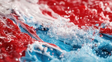 Poster - Water splashes in vibrant red, white, and blue create a dynamic and colorful display. The lively motion and intense colors bring forth a sense of energy and excitement