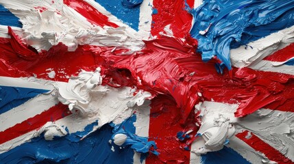 Poster - Vivid colors blend in an abstract artwork representing the United Kingdom flag. Rich textures emphasize contrasting shades of red, white, and blue