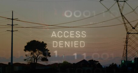 Poster - ACCESS DENIED overlay appearing over suburban dusk with pole outlines, towers, binary code