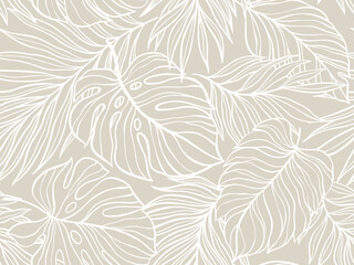 Vector Illustration of a Tropical Leaves Background with Elegant White Line Art Patterns on a Soft Beige Canvas