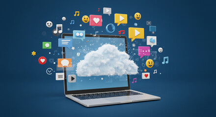 Poster - Cloud Computing Laptop screen displaying a fluffy cloud with colorful social media icons emitting