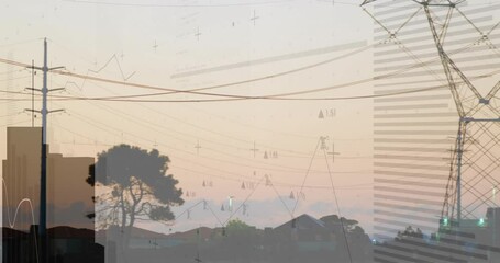 Poster - Transmission tower showing live grid data over power lines and suburban dusk skyline in 3D render