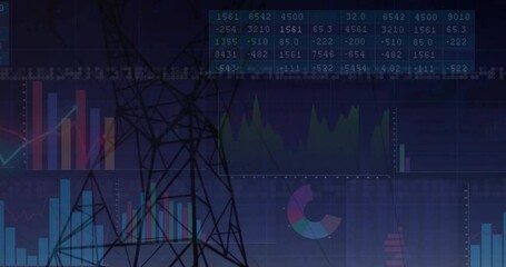 Poster - Electricity transmission tower silhouette standing over digital interface, displaying data charts