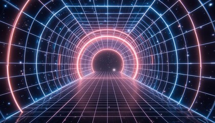 Poster - Futuristic neon tunnel voyage virtual reality environment digital art sci-fi concept immersive experience