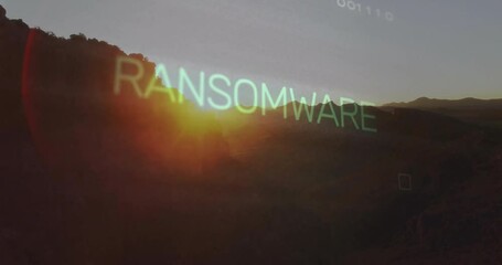 Poster - Neon green ransomware text floating over mountain range under dawn glow, revealing binary code