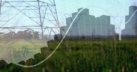 Poster - Steel lattice transmission tower rising over green field, displaying flat design bar chart overlays