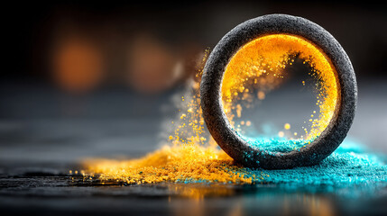 Poster - Glowing blue and orange light particles swirl into a dynamic ring trail, symbolizing balance, duality, energy flow, and futuristic technology in motion within a cosmic abstract space.

