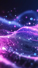 Poster - abstract digital wave of particles flows across a dark background, symbolizing futuristic technology