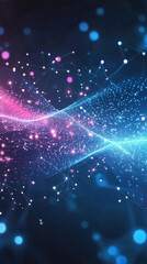 Poster - abstract digital wave of particles flows across a dark background, symbolizing futuristic technology