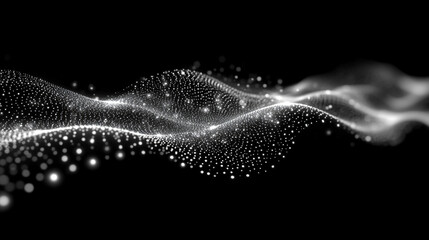 Poster - Abstract digital wave of particles flows across a dark background, symbolizing futuristic technology, data movement, AI intelligence, and the interconnected fabric of modern communication systems.

