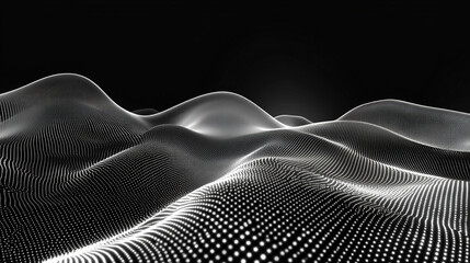Poster - Abstract digital wave of particles flows across a dark background, symbolizing futuristic technology, data movement, AI intelligence, and the interconnected fabric of modern communication systems.

