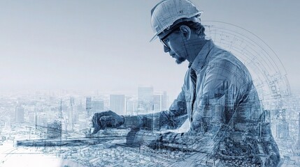 Fototapete - Engineer Analyzing Blueprint in Modern Cityscape with Technology