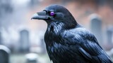 A striking black raven with purple eyes stands prominently against a blurred cemetery background, evoking a mysterious and haunting atmosphere.