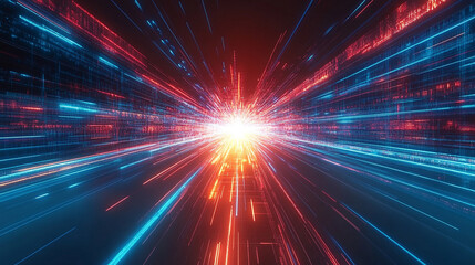Poster - abstract red, pink, and blue energy burst fills the entire background, symbolizing speed, motion, an