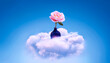 © URS.INHO - Eine Vase mit einer einzigen rosa Rose ragt aus einer schwebenden Wolke hervor,  blauer Hintergrund, magische Atmosphäre
