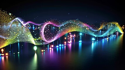 Fototapete - An artistic representation of colorful data flowing through a dark space, creating vibrant waves and reflecting light in various patterns at night