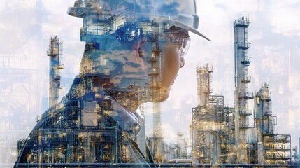 Poster - Engineer Overseeing Complex Oil Refinery Operations in Double Exposure