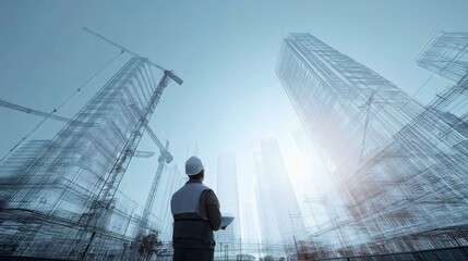 Poster - engineer observes wireframe structure on construction site