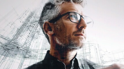 Poster - Close-Up Portrait of Architect with Building Plan on Background
