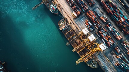 Poster - Aerial View of Port with Cranes Lifting Containers at Dock