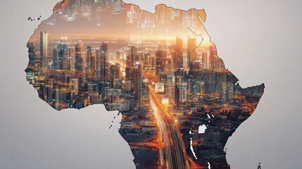 Poster - Double Exposure of Africa’s Map with Modern Cityscape Overlay