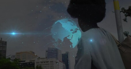 Poster - Mid adult woman gazing at city skyline, showing holographic globe with padlock icons for tech