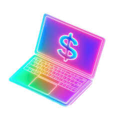 Poster - Neon illuminated laptop displaying a dollar symbol with a vibrant spectrum of colors against a transparent background