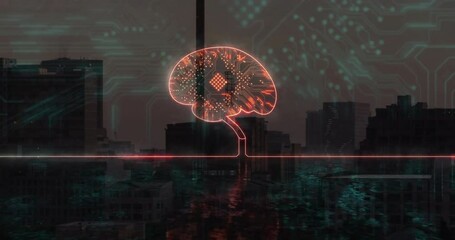 Poster - Neon circuit brain being visualized over dark skyline, showing glowing chip, teal circuit overlays