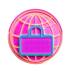 Poster - Neon globe with a lock symbol on a black background representing internet security and global protection