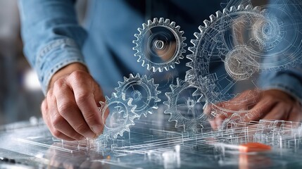 Poster - Engineer Working on Circuit Blueprint with 3D Rendered Gears