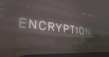 Poster - Displaying glowing ENCRYPTION text across center, floating binary digits above rooftop silhouette