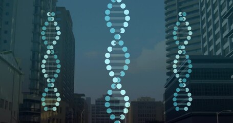 Poster - DNA helices being animated over downtown skyline, showcasing glass skyscrapers in flat design
