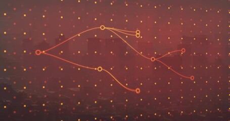 Poster - Glowing orange nodes forming network with curved lines over red haze skyline, pixels scattering