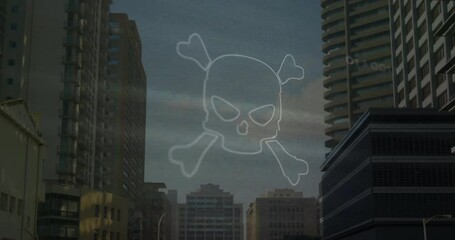 Poster - Urban street showing glowing skull and crossbones hovering above skyscrapers in flat design