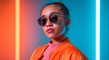 Poster - Cyberpunk girl wearing sunglasses and neon light glowing clothes